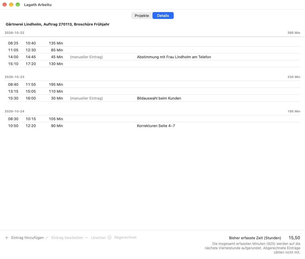 Der Tab Details: Sitzungen an drei Tagen mit Beginn, Ende und Minuten, zwei manuelle Einträge mit Bemerkung, insgesamt 925 Minuten, aufgerundet 15,50 Stunden